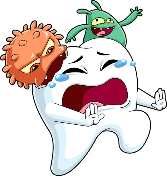 Tooth Cartoon Character Attacked Germs Vector Hand Drawn Illustration Isolated — Stock Vector