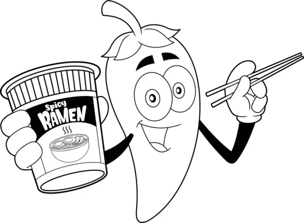 Dislined Hot Chili Pepper Cartoon Character Presentera Kryddig Ramen Noodle — Stock vektor