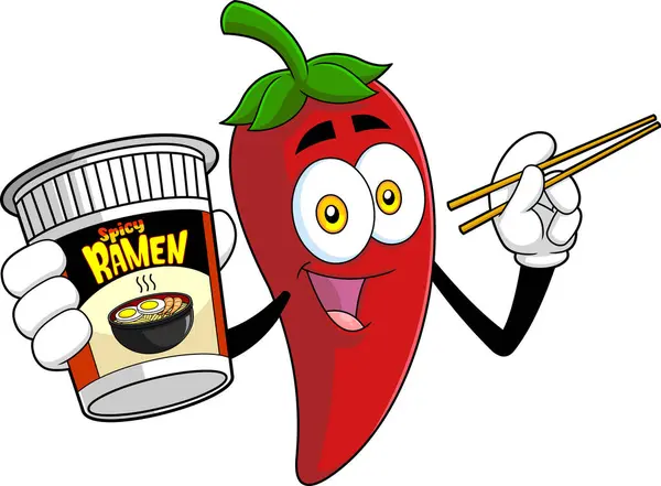 Hot Chili Pepper Cartoon Character Present Spicy Ramen Noodle Vector — Stock Vector