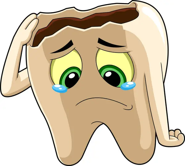 Sick Tooth Cartoon Character Caries Crying Vector Hand Drawn Illustration — Stock Vector