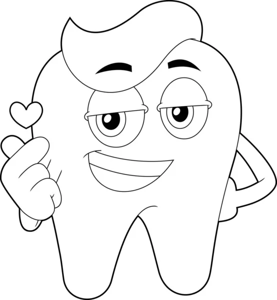 Outlined Smiling Tooth Cartoon Character Giving Heart Vector Hand Drawn — Stock Vector