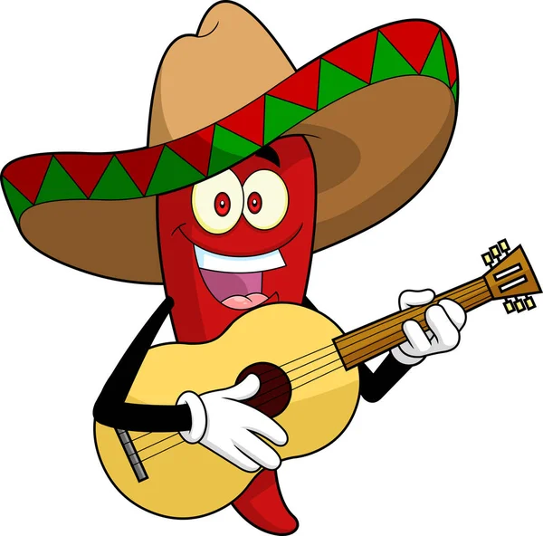 メキシコのホットチリペッパー漫画のキャラクターはギターで歌います 透明な背景にベクター手描きイラストを分離 — ストックベクタ