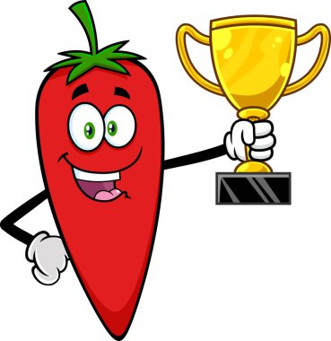 Büyük Altın Kupa Tutan Mutlu Acı Biber Çizgi Filmleri Karakteri. Vektör El Çizimi Görünümü Şeffaf Arkaplanda İzole Edildi