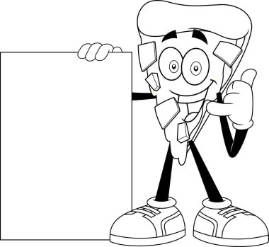 Happy Pizza Dilimlenmiş Çizgi Film Karakteri Sunar Boş Tabela. Vektör El Çizimi Görünümü Şeffaf Arkaplanda İzole Edildi