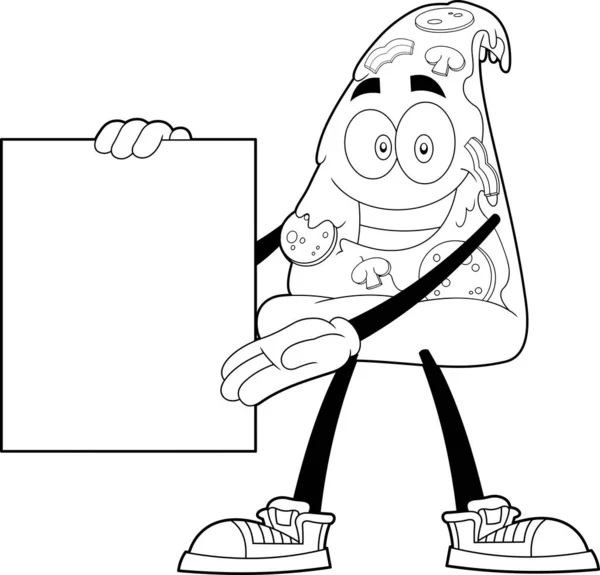 Umrissene Lächelnde Pizza Scheibe Cartoon Charakter Präsentieren Blanko Schild Vector — Stockvektor
