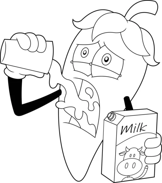 Obrys Hot Chili Pepper Cartoon Character Drink Milk Vektorové Ručně — Stockový vektor