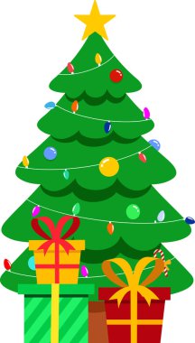 Hediye kutularıyla süslenmiş Noel Ağacı çizgi filmi. Vektör Resimli Düz Tasarım Şeffaf Arkaplanda İzole Edildi