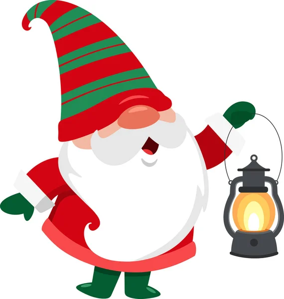 Cute Christmas Gnome Cartoon Character Holding Kerosene Lamp Gas Lantern — Stock Vector