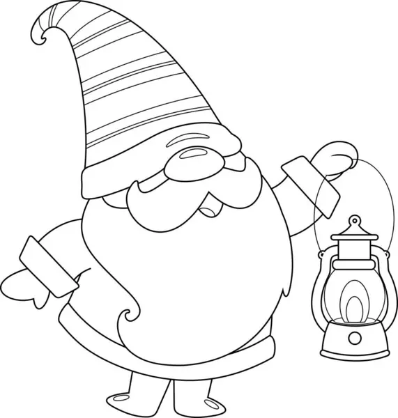 Outlined Cute Christmas Gnome Cartoon Character Holding Gas Lantern Vector — Stock Vector