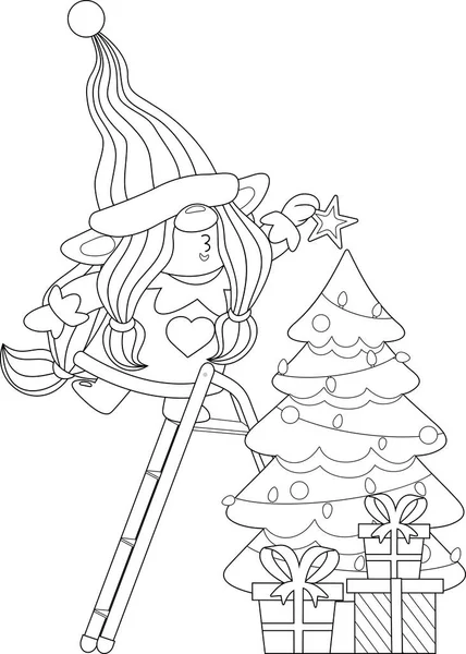 Outlined Cute Christmas Female Gnome Cartoon Character Decorates Christmas Tree — Stock Vector