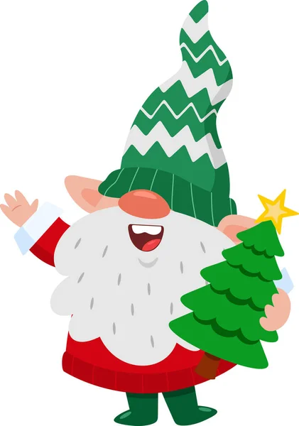 Cute Christmas Gnome Cartoon Character Holding Christmas Tree Waving Vector — Stock Vector