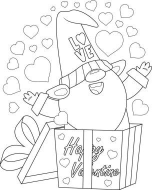 Sevgililer günü tebrik kartı, içinde kalpler olan hediye kutusunda cüce.