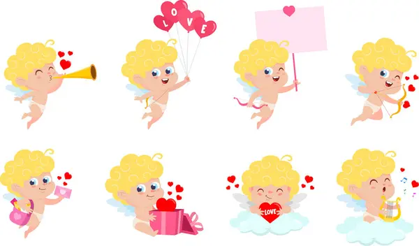 Set Simpatici Cartoni Animati San Valentino Cupidi Con Cuori — Vettoriale Stock