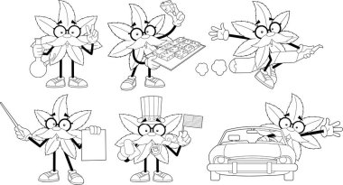 Komik Marihuana Yaprak Çizgi Karakterleri. Vektör El Çekim Koleksiyonu Seti Şeffaf Arkaplanda İzole Edildi