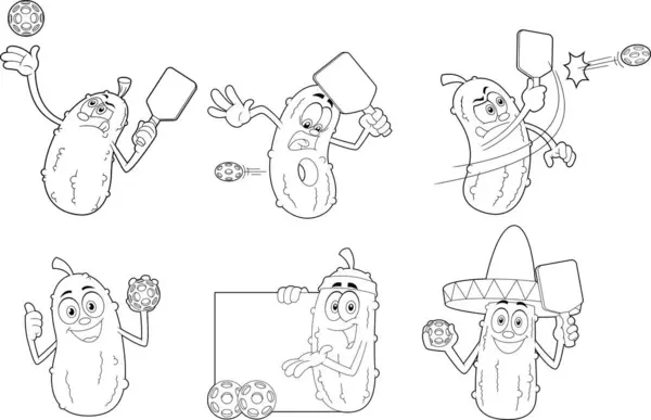Outlined Pickle Cartoon Personages Pickleball Ball Spelers Vector Met Hand — Stockvector