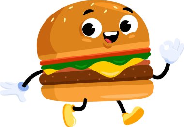 Mutlu Burger Retro Çizgi Filmleri Karakteri. Vektör Resimli Düz Tasarım Şeffaf Arkaplanda İzole Edildi