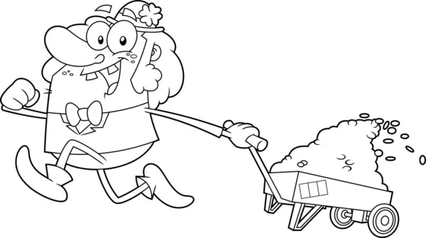 ハッピーレプチャーン漫画キャラクターは ゴールデンコイン付きのカートを引っ張ります 透明な背景にベクター手描きイラストを分離 — ストックベクタ