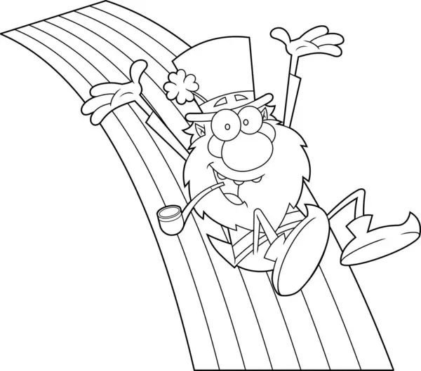 Happy Leprechaun Caráter Dos Desenhos Animados Montando Arco Íris Ilustração — Vetor de Stock