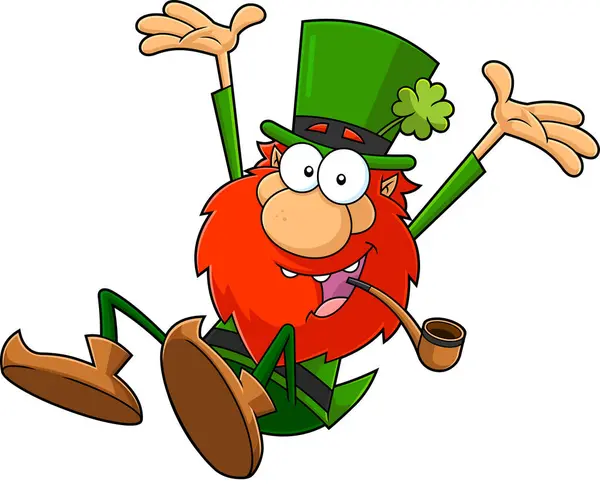 Happy Leprechaun Cartoon Character Jumping Vektorové Ručně Kreslené Ilustrace Izolované — Stockový vektor