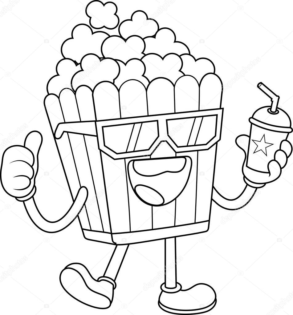 Happy Popcorn Retro Cartoon Character Wearing 3D Glasses Giving The Thumbs Up. Vector Illustration Flat Design Isolated On Transparent Background