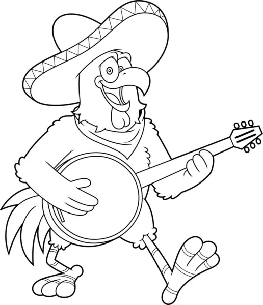 Sombrero Nun Banjo Çalıp Şarkı Söylediği Mutlu Tavuk Horozu Çizgi — Stok Vektör