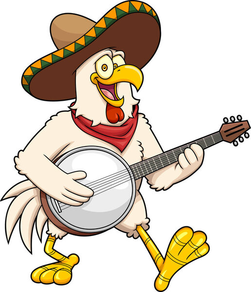 Happy Chicken Rooster Cartoon Character With Sombrero Playing The Banjo And Singing. Vector Hand Drawn Illustration Isolated On Transparent Background