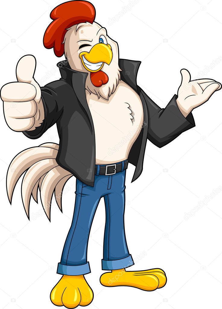 Cute Chicken Rooster Cartoon Character Winking And Giving The Thumbs Up. Vector Hand Drawn Illustration Isolated On Transparent Background