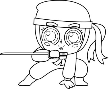 Şirin ninja kız savaşçı çizgi film karakteri Katana kılıcıyla iş başında. Vektör illüstrasyon düz tasarım