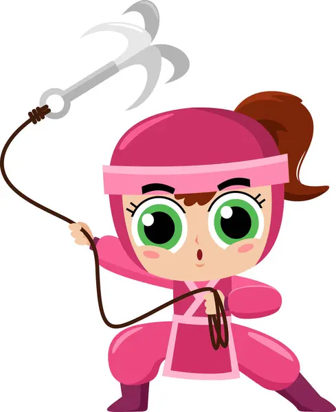 Leuke Ninja Meisje Krijger Cartoon Karakter Met Worstelhaak Vector Illustratie — Stockvector