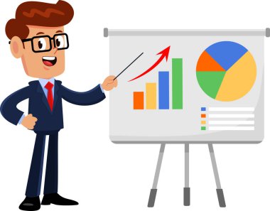 İşadamı Çizgi Film Karakteri Bir Tahtada İlerici Turta Çizelgesini Gösteriyor. Vektör El Çizimi Görünümü Şeffaf Arkaplanda İzole Edildi