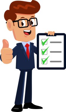 Mutlu İş Adamı Çizgi Filmi Karakteri Pano Tutuyor ve Başparmağını kaldırıyor. Vektör El Çizimi Görünümü Şeffaf Arkaplanda İzole Edildi