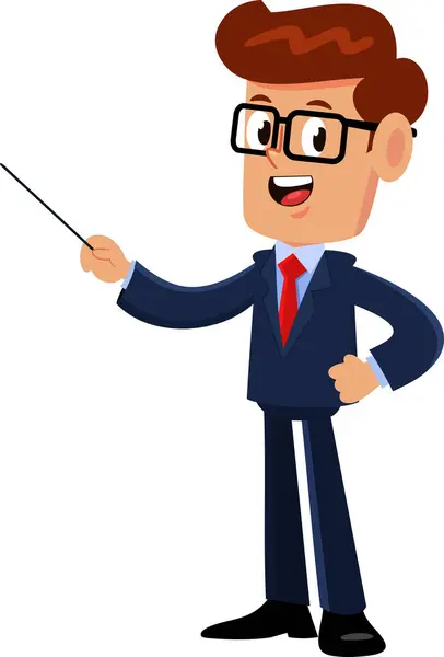 Geschäftsmann Cartoon Figur Gestikuliert Mit Einem Zeigestöckchen Vektor Illustration Flachbild — Stockvektor