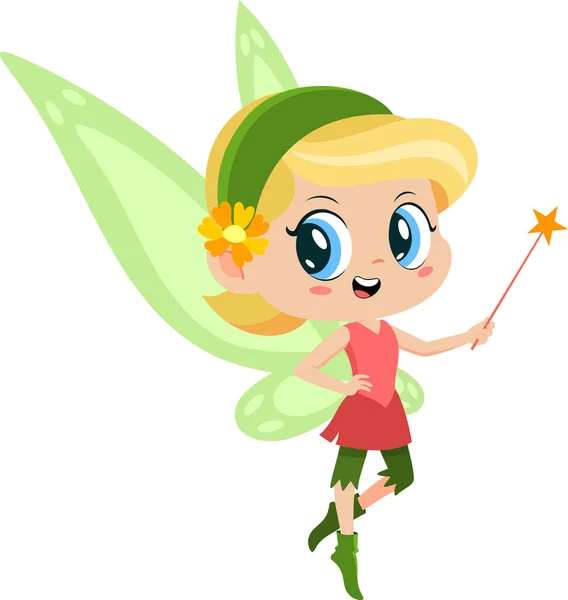 Cute Tooth Fairy Girl Cartoon Character Flying Magic Wand Vector — Stock Vector