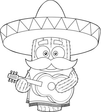 Gitar çalan Meksika Kaktüsü Çizgi Filmi Karakteri. Vektör El Çizimi Görünümü Şeffaf Arkaplanda İzole Edildi