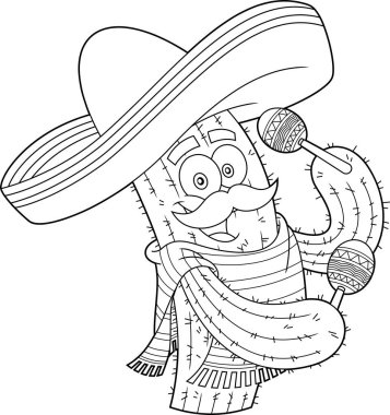 Meksika Kaktüsü Çizgi Film Karakteri Titreyen Marakas. Vektör El Çizimi Görünümü Şeffaf Arkaplanda İzole Edildi