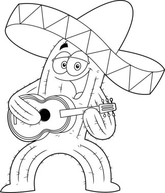 Mutlu Meksika Kaktüs Çizgi Filmi Karakteri Şarkı Söylüyor ve Gitar Çalıyor. Vektör El Çizimi Görünümü Şeffaf Arkaplanda İzole Edildi