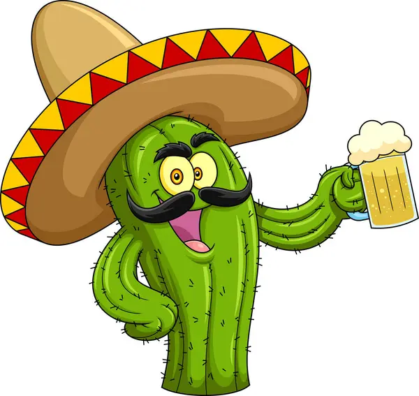Carácter Dibujos Animados Cactus Mexicanos Felices Sosteniendo Vaso Cerveza Ilustración — Vector de stock
