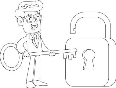 Özetlenen İş Adamı Çizgi Filmi Karakteri, Başarının Gizli Kilidini Açmak İçin Altın Anahtar Tutuyor. Vektör Resimli Düz Tasarım Şeffaf Arkaplanda İzole Edildi