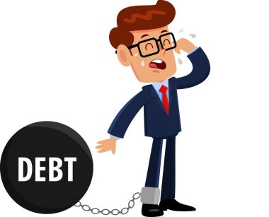 Ağlayan İşadamı Çizgi Film Karakteri Büyük Borç Topuyla Zincirli. Vektör Resimli Düz Tasarım Şeffaf Arkaplanda İzole Edildi