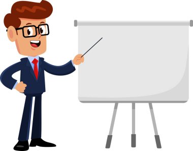 İş adamı çizgi film karakteri boş tahtayı işaret ediyor. Vektör Resimli Düz Tasarım Şeffaf Arkaplanda İzole Edildi