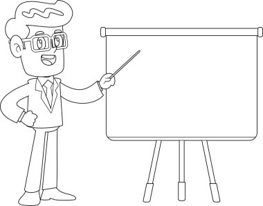 Boş tahtaya işaret eden İş Adamı Çizgi Filmi Karakteri. Vektör Resimli Düz Tasarım Şeffaf Arkaplanda İzole Edildi