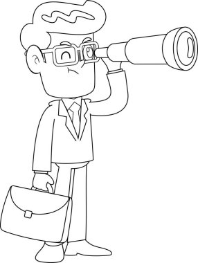 Elde taşınabilir teleskopla ana hatlarıyla iş adamı çizgi film karakteri. Vektör Resimli Düz Tasarım Şeffaf Arkaplanda İzole Edildi