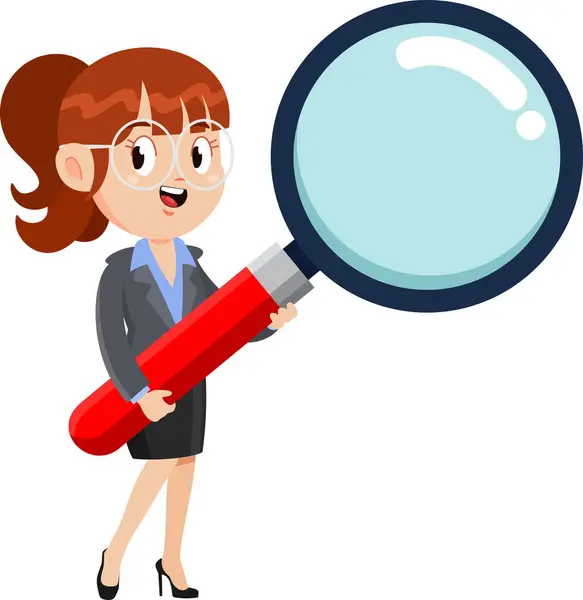 Geschäftsfrau Cartoon Figur Mit Großer Lupe Vektor Illustration Flachbild Isoliert — Stockvektor