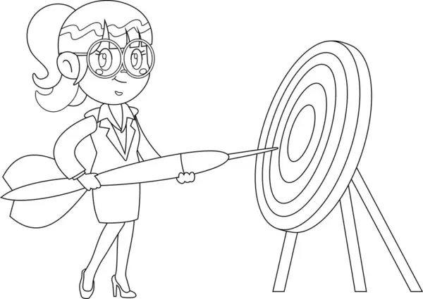 Outlined Business Woman Cartoon Character Holding Dart Arrow Target Vector — Stock Vector