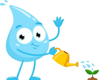 Mavi Su Damlası Çizgi Filmi Çiçeği Sulama Karakteri. Vektör Resimli Düz Tasarım Şeffaf Arkaplanda İzole Edildi