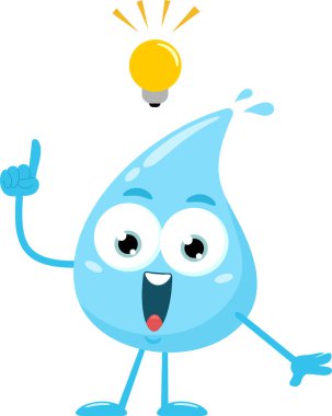 Mavi Su Damlası Karakteri 'nin ampullü parlak bir fikri var. Vektör Resimli Düz Tasarım Şeffaf Arkaplanda İzole Edildi