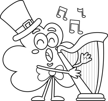 St. Patrick 's Clover Leaf çizgi film karakteri Harp ile şarkı söylüyor. Vektör Resimli Düz Tasarım Beyaz Arkaplanda İzole Edildi