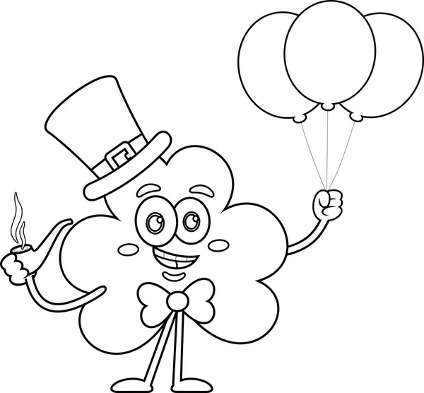 Patricks Kleeblatt Cartoon Figur Mit Pfeife Und Luftballons Vektor Illustration — Stockvektor