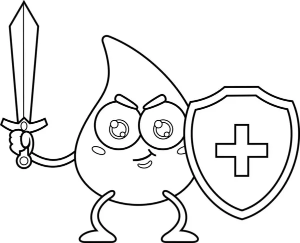 Blood Drop Cartoon Maskot Character Mečem Štítem Ilustrace Izolovaná Bílém — Stockový vektor