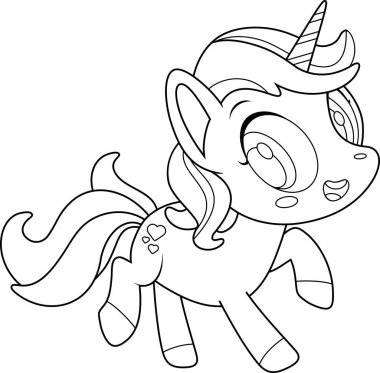 Şirin, küçük tek boynuzlu at çizgi film karakteri. Vektör El Çizimi Görünümü Şeffaf Arkaplanda İzole Edildi